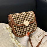 Retro Houndstooth Shoulder Bag Women Saddle Autumn Ribbon Strap