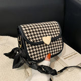 Retro Houndstooth Shoulder Bag Women Saddle Autumn Ribbon Strap