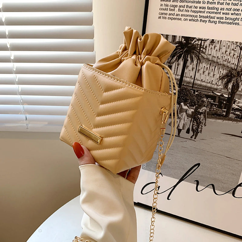 Classic Women Lattice Drawstring Box PU Chain Shoulder Crossbody Bags