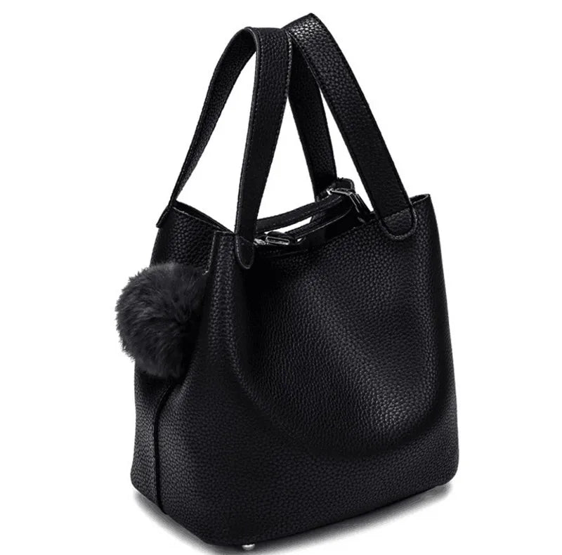 Classic Lady's Handbag Soft PU Metal Button National Style Hair Ball tassel Sing