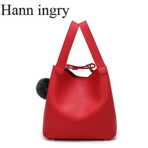 Classic Lady's Handbag Soft PU Metal Button National Style Hair Ball tassel Sing