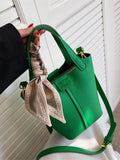 Classical Scarf Bucket Bag Green Pu Leather Shoulder Crossbody Tote Bag