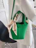 Classical Scarf Bucket Bag Green Pu Leather Shoulder Crossbody Tote Bag