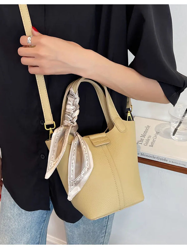 Classical Scarf Bucket Bag Green Pu Leather Shoulder Crossbody Tote Bag