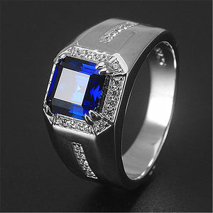 Square Crystal Sapphire Diamond Men's Silver Ring