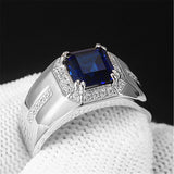 Square Crystal Sapphire Diamond Men's Silver Ring