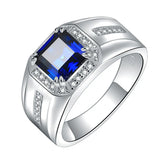 Square Crystal Sapphire Diamond Men's Silver Ring