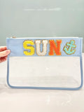 Clear Nylon Cosmetic Bag with Glitter Varsity Letter Patches