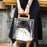 Clear PVC Handbag Women Beach Bag Wooden Handle Tote Handbags