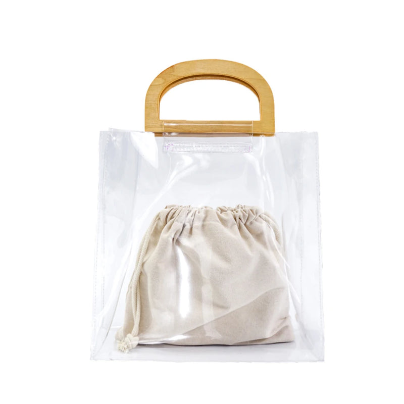 Clear PVC Handbag Women Beach Bag Wooden Handle Tote Handbags