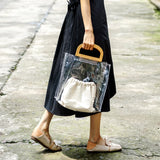 Clear PVC Handbag Women Beach Bag Wooden Handle Tote Handbags