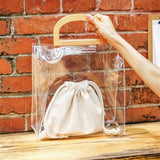 Clear PVC Handbag Women Beach Bag Wooden Handle Tote Handbags