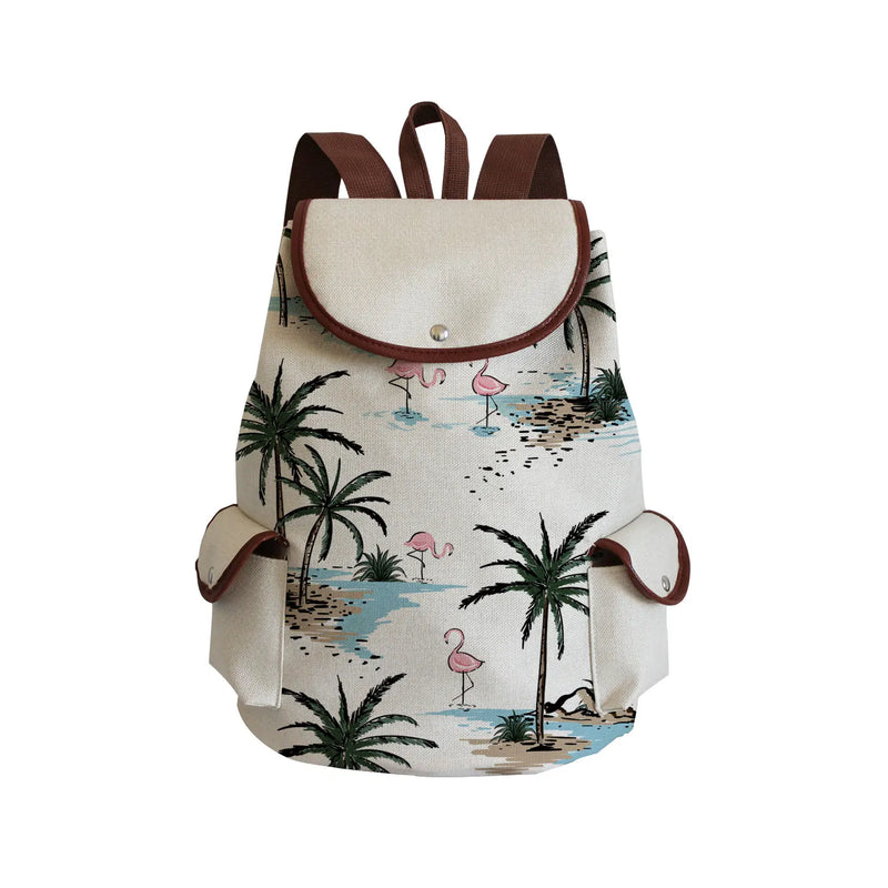 Coconut Tree Flamingo Printed Drawstring Backpack Casual All-Match School Bag