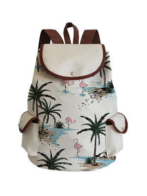 Coconut Tree Flamingo Printed Drawstring Backpack Casual All-Match School Bag
