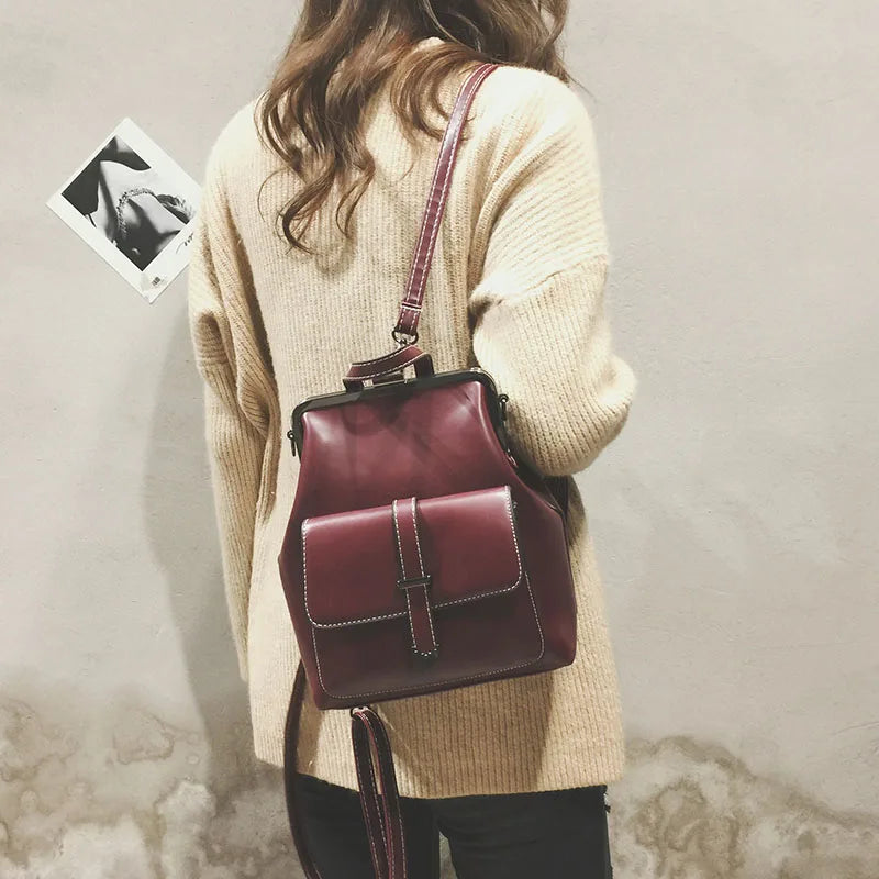 College Wind Retro Women Backpacks PU Leather Shoulder Bags School Travel Rucksa