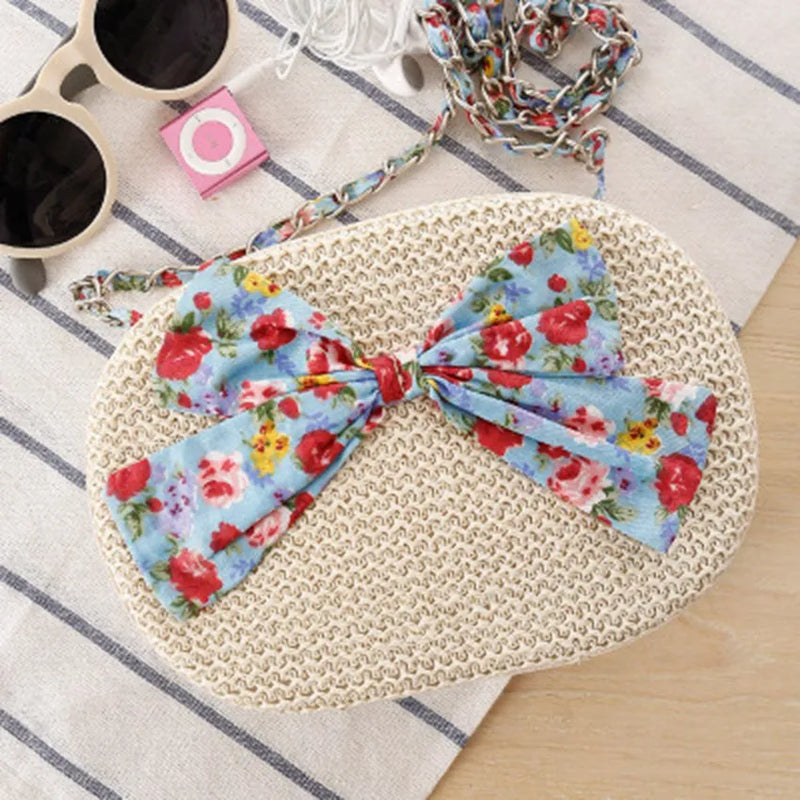 College Floral Bow Straw Bag Messenger Bag Woven Holiday Resort Beach Purse