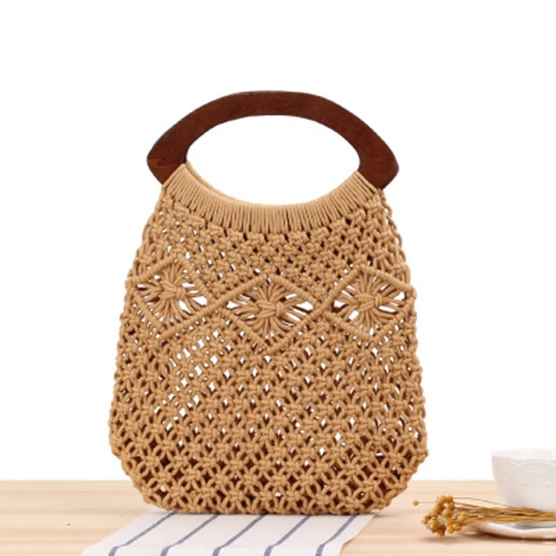 College Cotton Rope Net Bag Woven Bag Retro Portable Straw Beach Bag