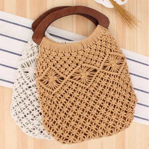 College Cotton Rope Net Bag Woven Bag Retro Portable Straw Beach Bag