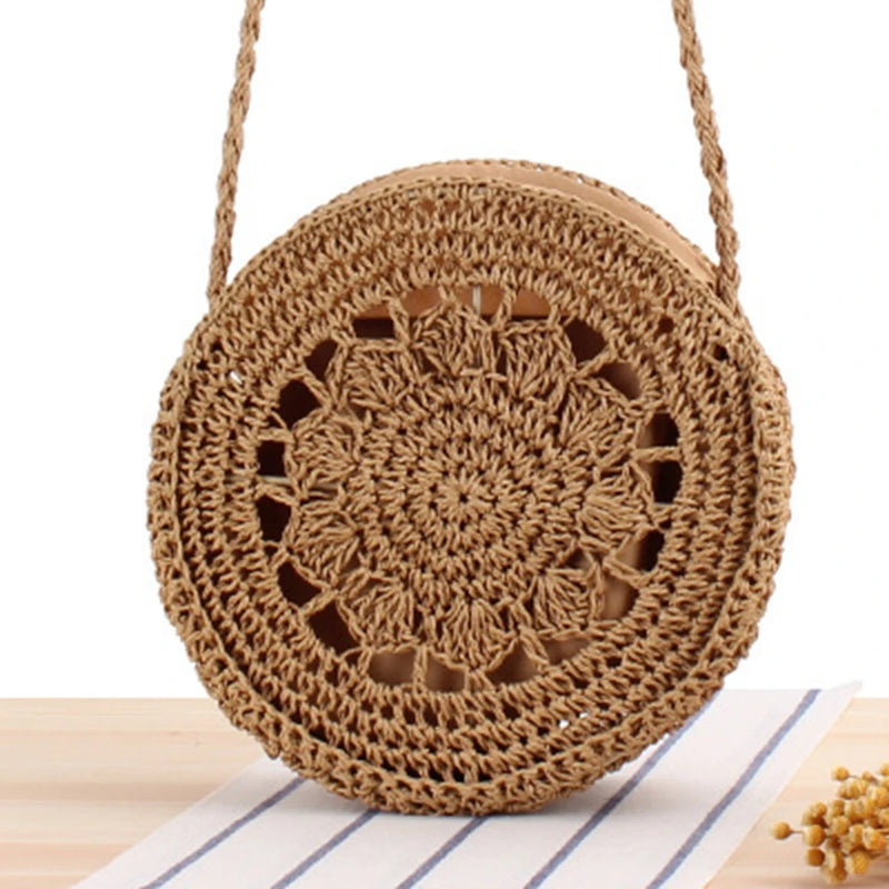 Round Shoulder Vacation Beach Bag Straw Bag Hollow Knit Women Bag