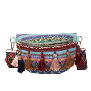 Fanny Pack Waist Bag with Variegated Style and Fringe Decor Strap