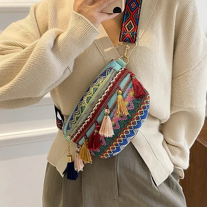 Fanny Pack Waist Bag with Variegated Style and Fringe Decor Strap