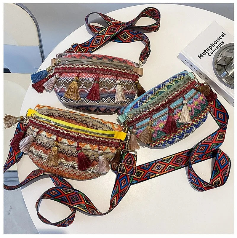 Fanny Pack Waist Bag with Variegated Style and Fringe Decor Strap