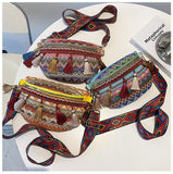 Fanny Pack Waist Bag with Variegated Style and Fringe Decor Strap