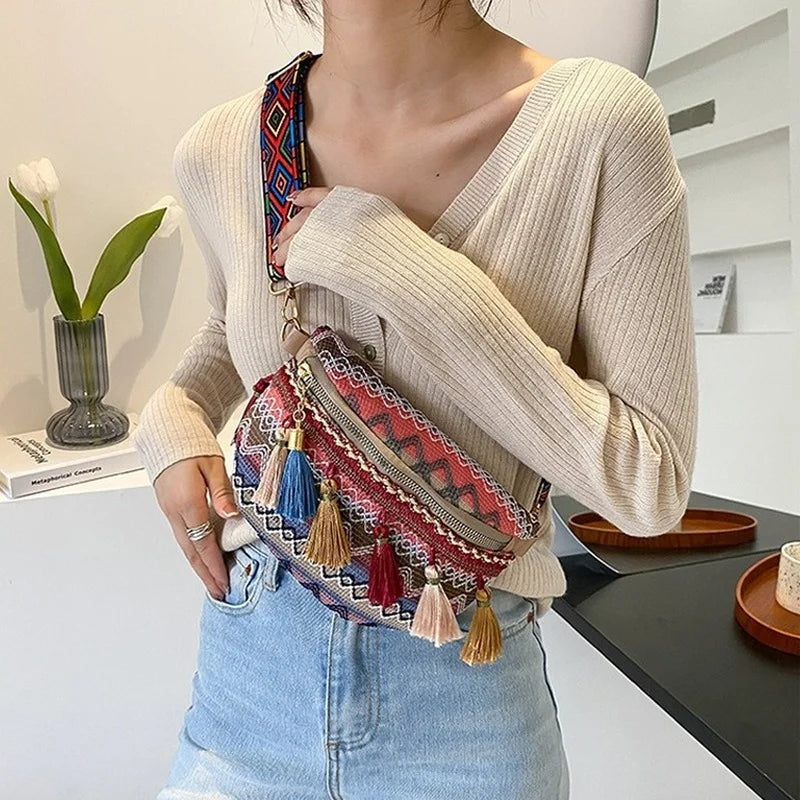 Fanny Pack Waist Bag with Variegated Style and Fringe Decor Strap
