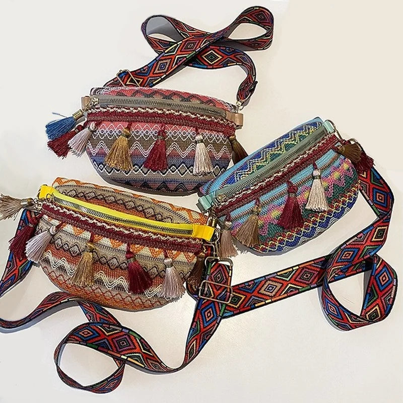 Fanny Pack Waist Bag with Variegated Style and Fringe Decor Strap