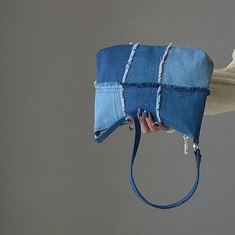 Colorblock Washed Denim Bag Women Casual Shoulder Handbag