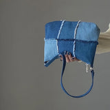 Colorblock Washed Denim Bag Women Casual Shoulder Handbag