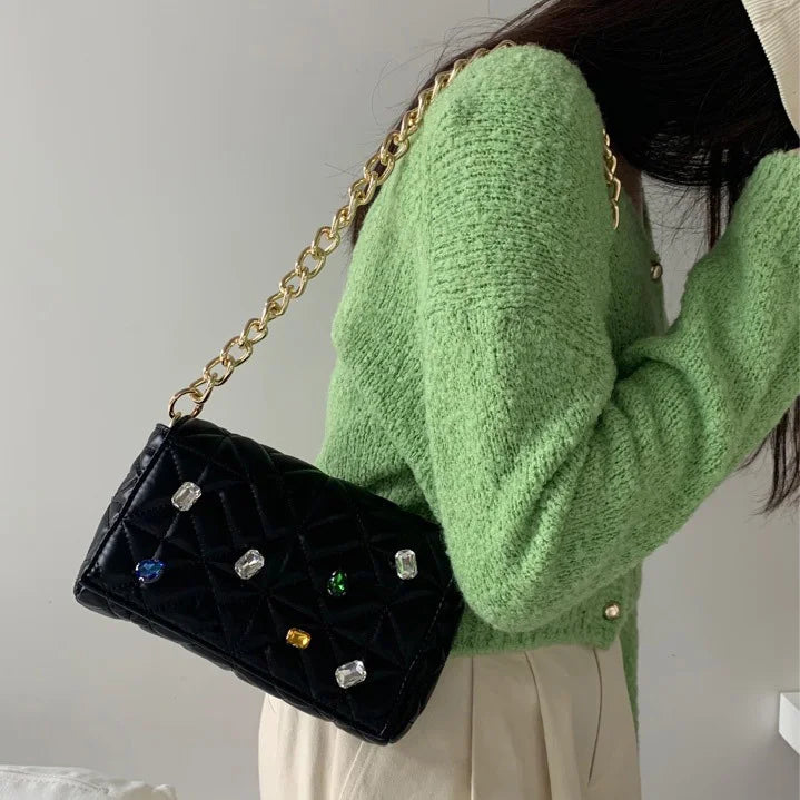 Colored Diamonds Shoulder Bag Chain Handbag Flap Small Tote Ladies Bag