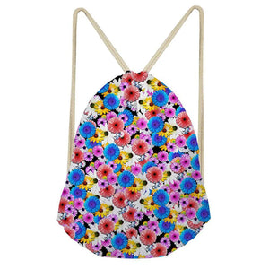 Flower Print Drawstring Backpack Casual Daypack Mochila