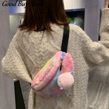 Colorful Fur Waist Bag Shoulder Belt Bags Women Phone Pouch Student Fanny Packs