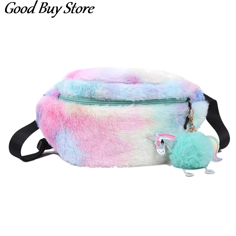 Colorful Fur Waist Bag Shoulder Belt Bags Women Phone Pouch Student Fanny Packs