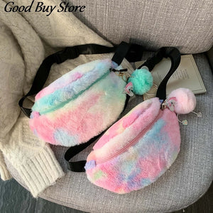 Colorful Fur Waist Bag Shoulder Belt Bags Women Phone Pouch Student Fanny Packs