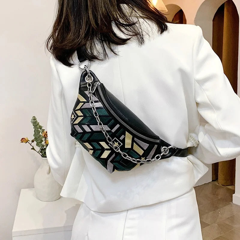 Colorful Geometric Pattern PU Leather Waist Bag Women Sport Fanny Pack