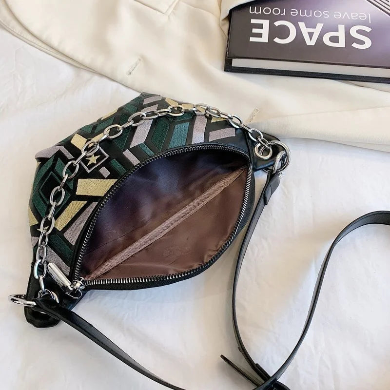 Colorful Geometric Pattern PU Leather Waist Bag Women Sport Fanny Pack