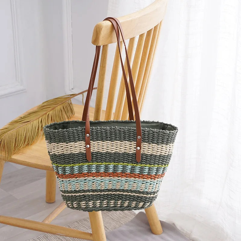 Colorful Striped Straw Tote Bag Women's Fashionable Purse