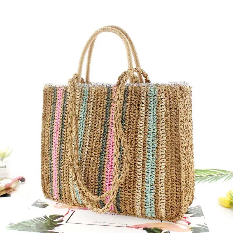 Colorful Paper Rope Straw Bag Shoulder Portable Woven Bag