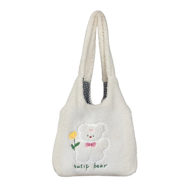 Comic Wool Shoulder Bag Embroidery Handbag Large Capacity