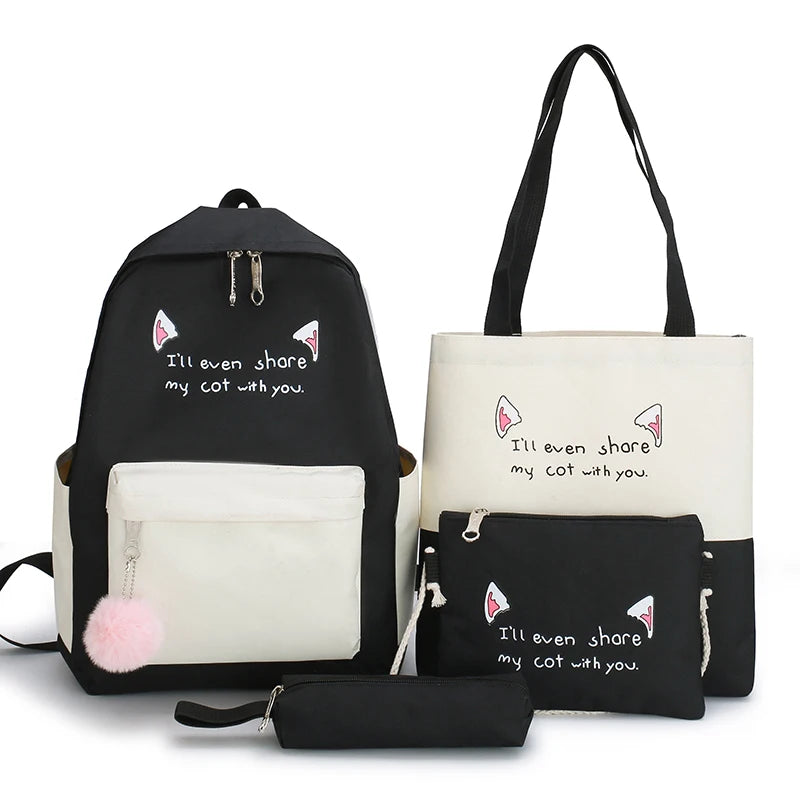 Canvas Backpack Set for Teen Girls Students 4pcs