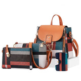 Plaid Leather Backpacks Set Girls Travel Shoulder Bags 4 Pcs