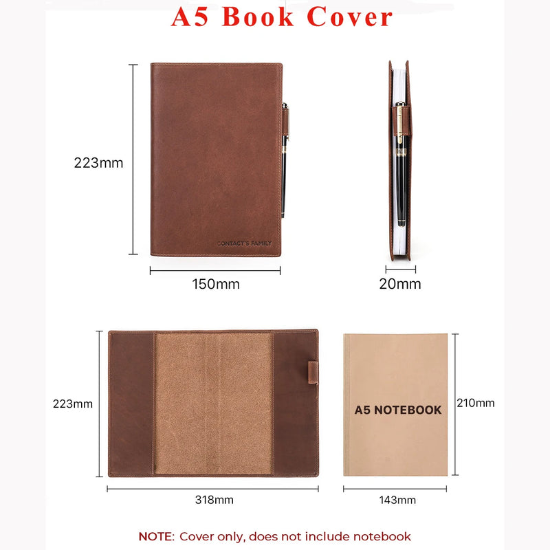Cowhide Leather Notebook Case for A5 B5 Book - Retro Office School Travel Diary