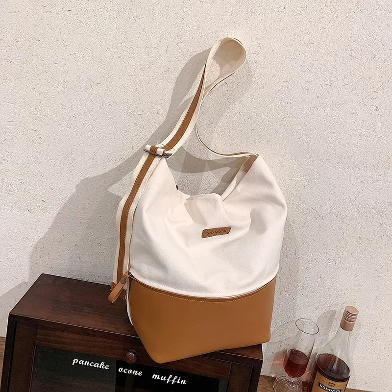 Contrast Canvas Bucket Crossbody Bag for Women Large Capacity Shoulder Bag