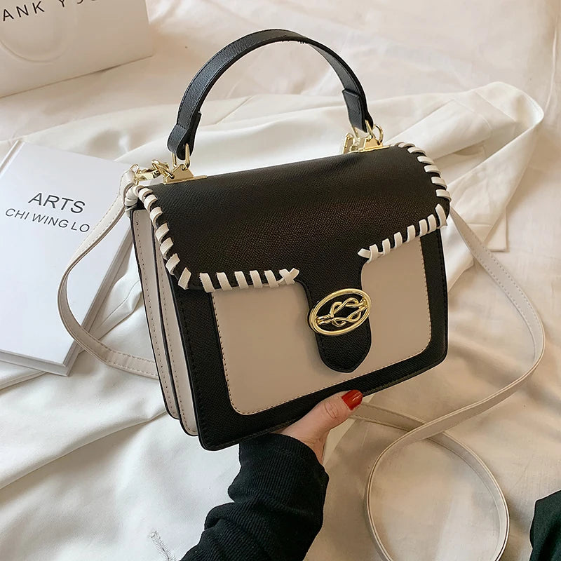Contrast Square Tote Bag PU Leather Women's Shoulder Messenger Bag