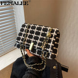 Women's Woolen Knitted Handbag Tweed Chain Shoulder Bag