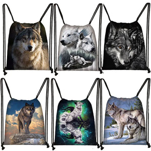 Howling Wolf Print Drawstring Bag Women Backpacks for Travelling