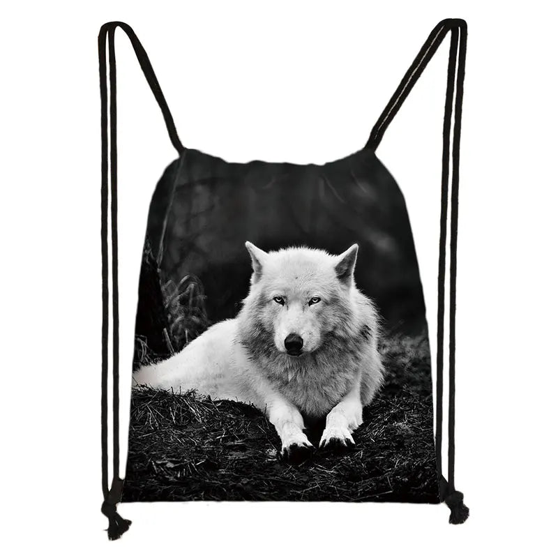 Howling Wolf Print Drawstring Bag Women Backpacks for Travelling