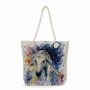 Watercolor Horse Print Shopping Bag Portable Tote Handbags for Women